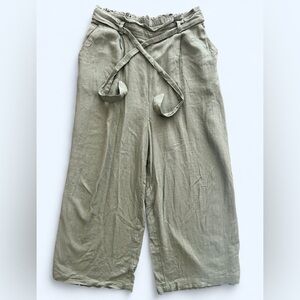 Dotti Womens Linen Blend Green Capri Wide Leg High Waist Tie Pants Small